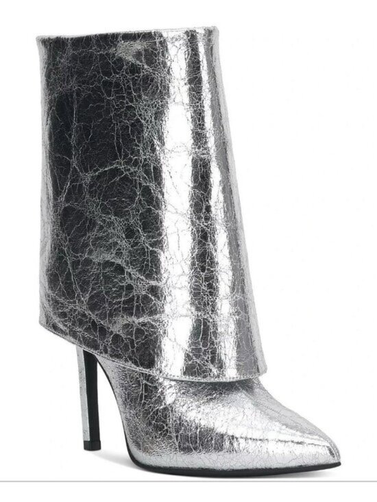 INC International Concepts Shoes - New INC Women’s Sabeel Bootie Silver Crinkle Leather Fold-Over Cuff  8.5M